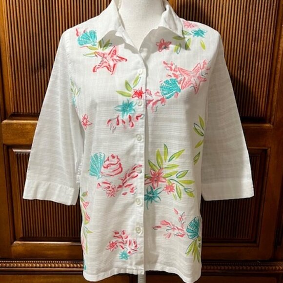Koret White Button Down Seashell Print Cotton Top Blouse 3/4 Sleeves Size M - Picture 2 of 5